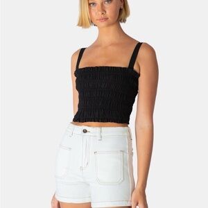 NWT EBBY AND I Linen Lux Black Smocked Crop Top Adjustable Straps Size 8